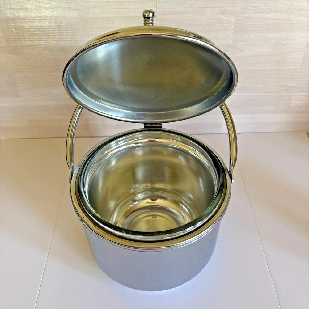 Vintage Keystoneware Pyrex Ice Bucket‎ Chrome Swing Handle Mid Century Barware